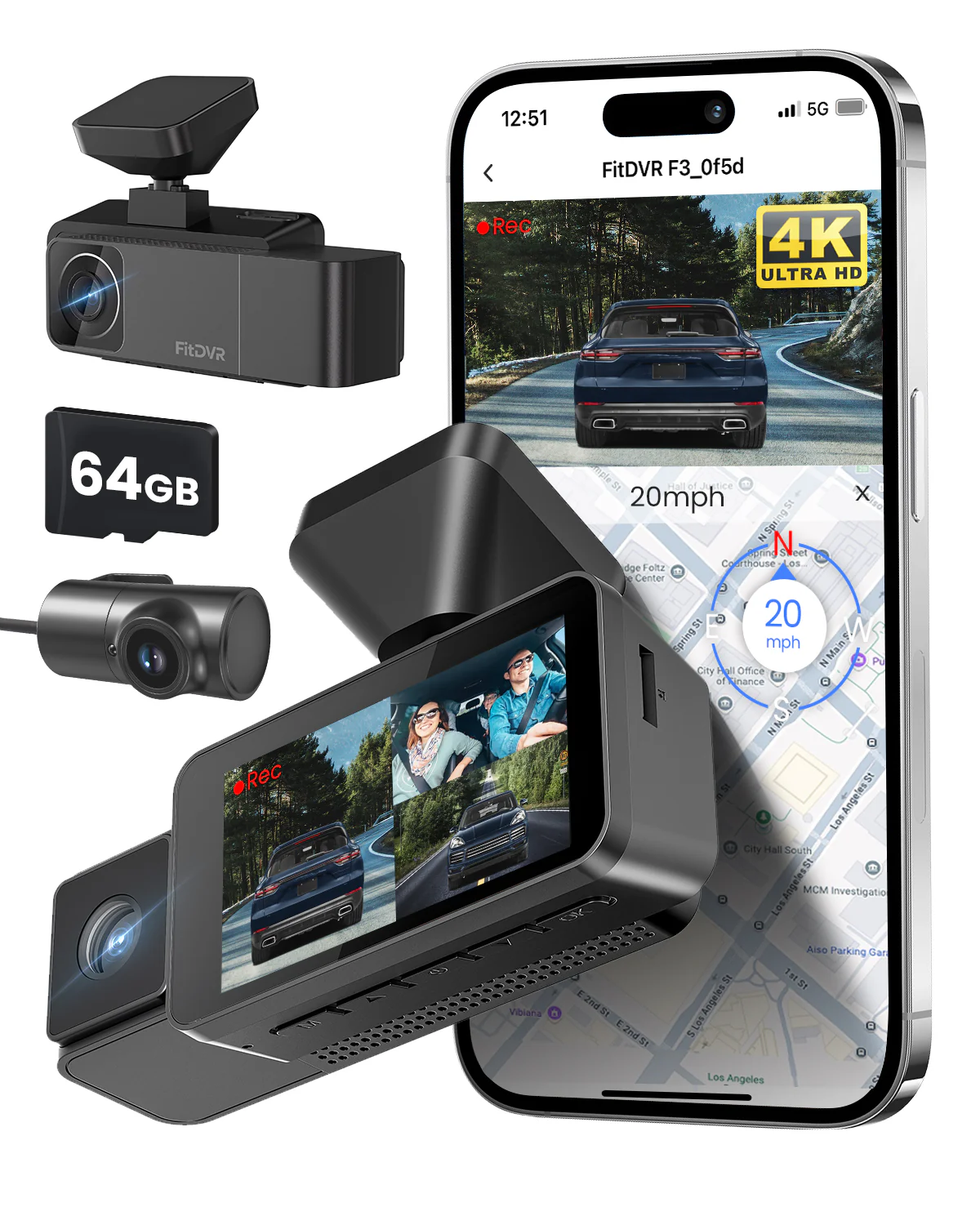 Fitcamx dual channel front and rear dash cam configuration
