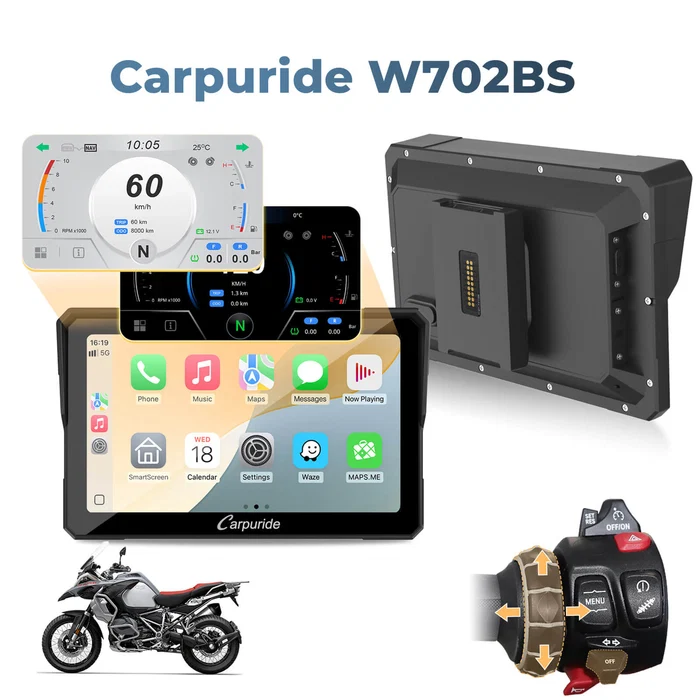 Carpuride W702BS BMW motorcycle CarPlay screen with Wonder Wheel control