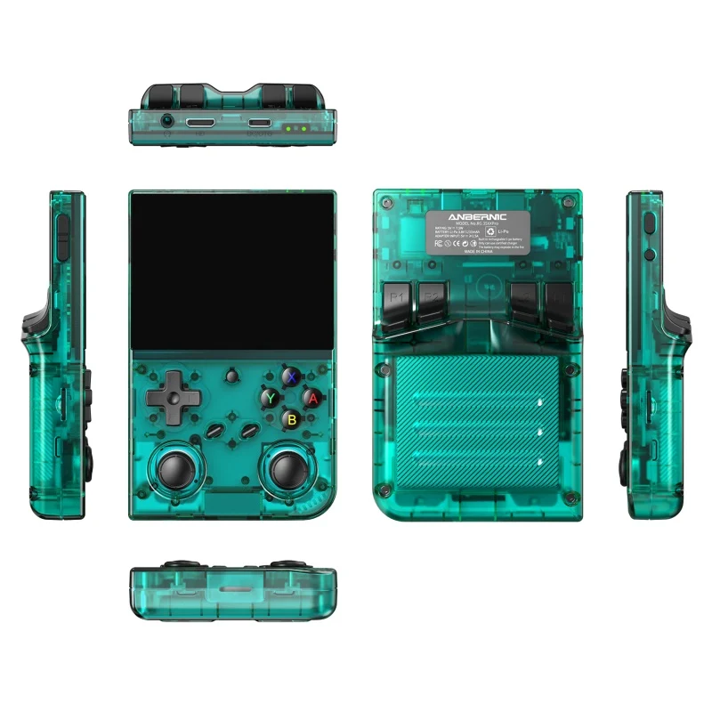 ANBERNIC RG 35XXPro retro handheld in transparent teal